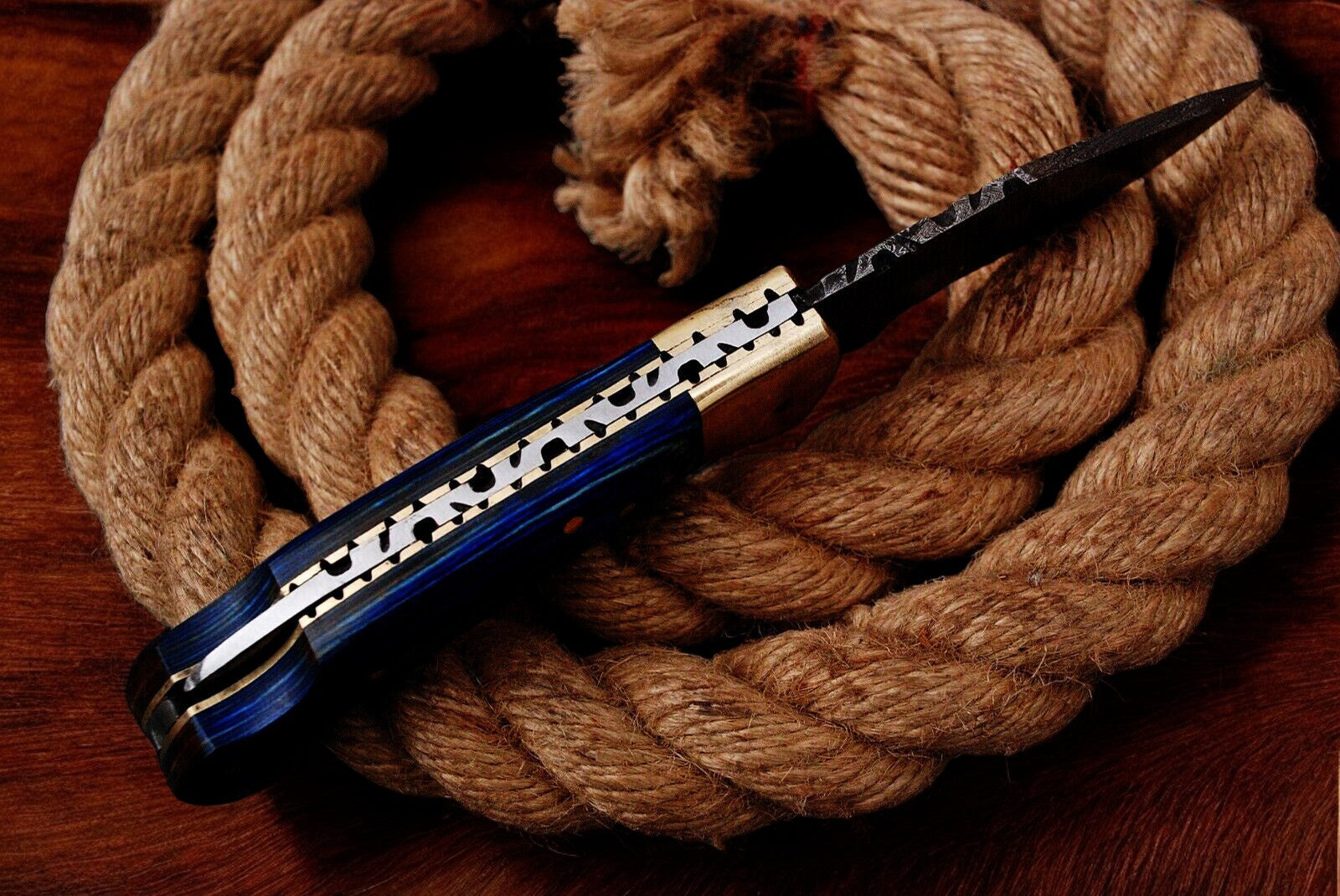 Custom Handmade Damascus Pocket Knife – Blue Exotic Wood