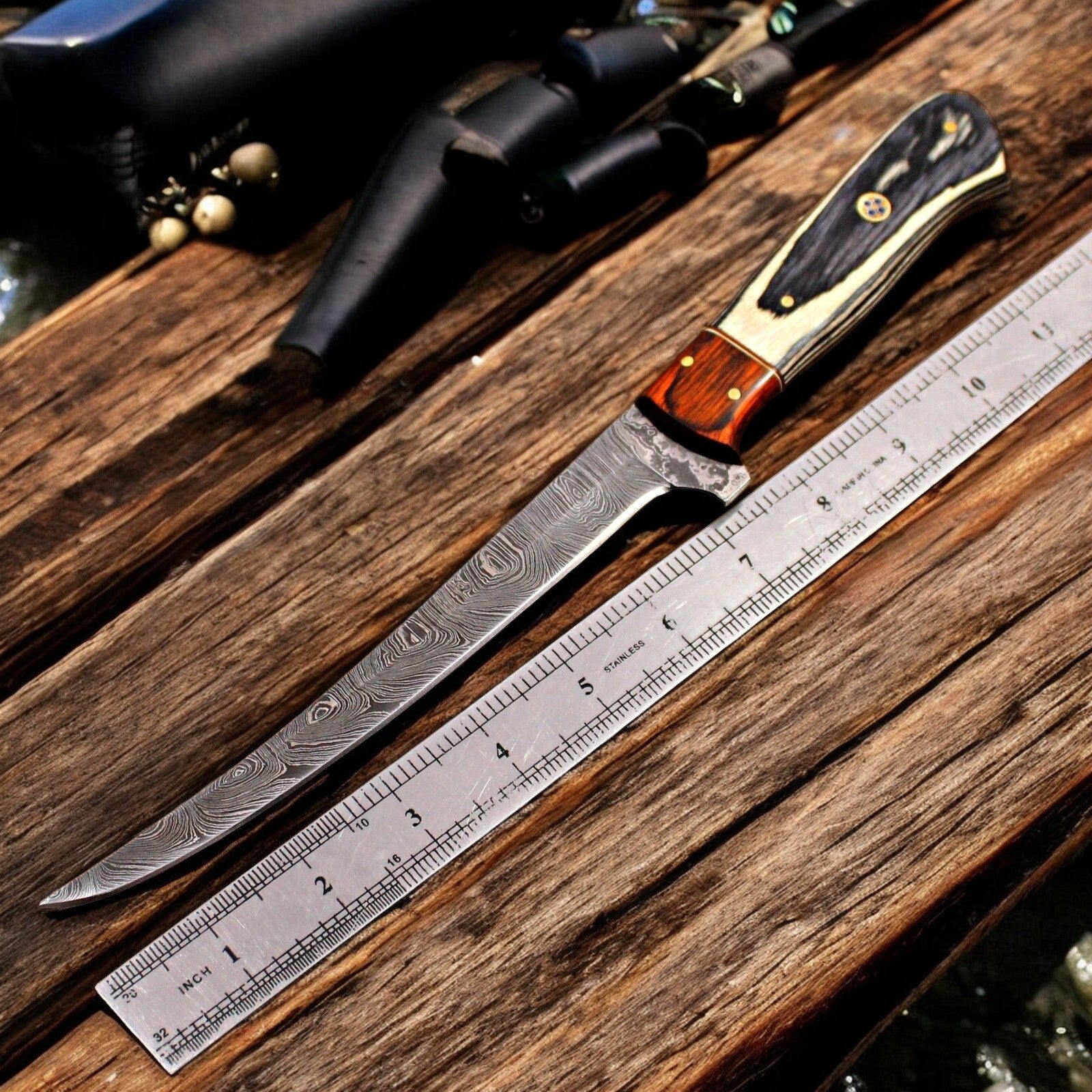 Handmade Damascus Fillet Knife with Antler Horn Handle