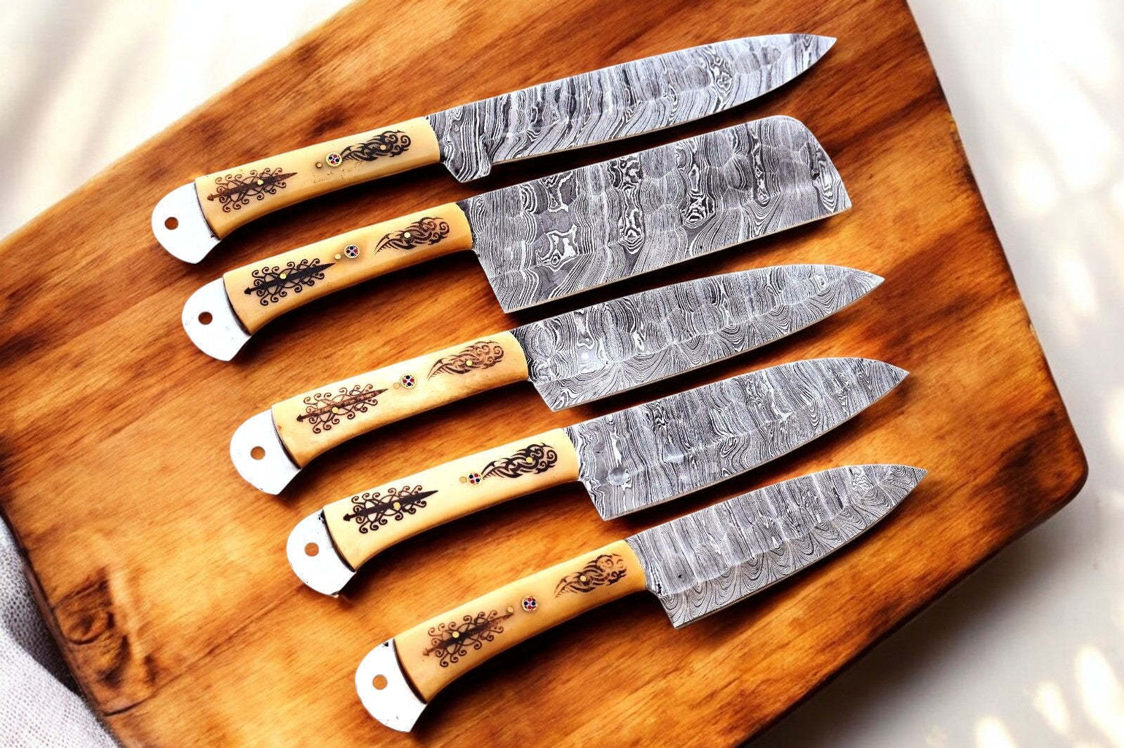 Handmade Damascus Kitchen Knives Set with Engraved Bone