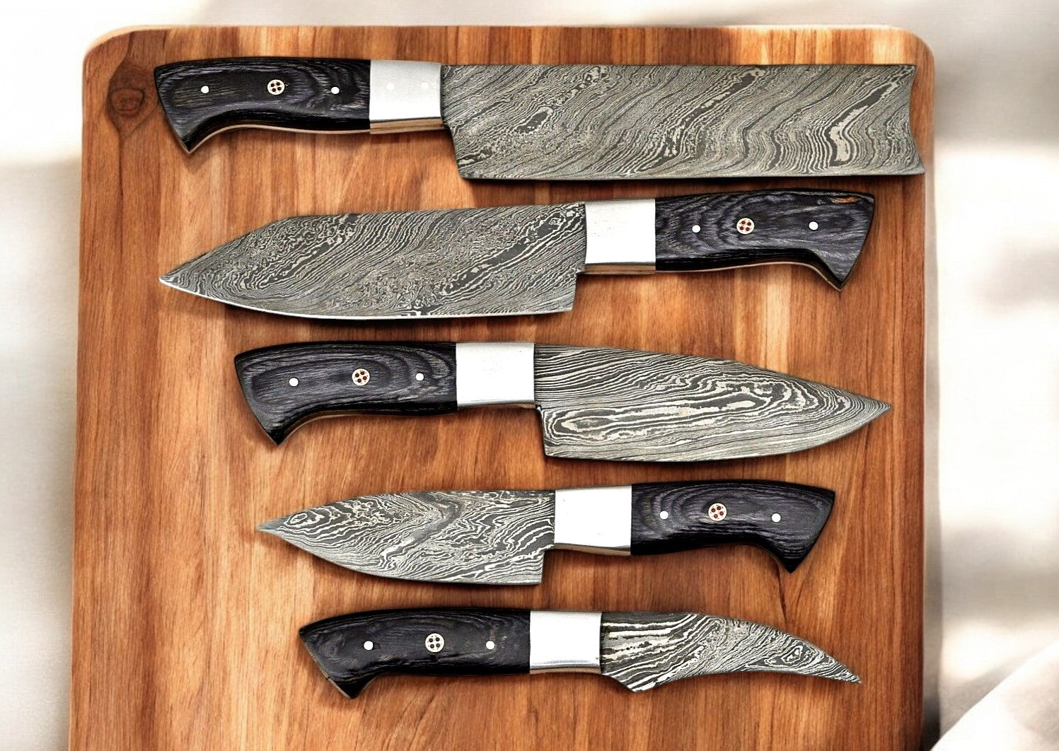 Handmade Damascus Kitchen Knives Set – Exotic Wood Handles