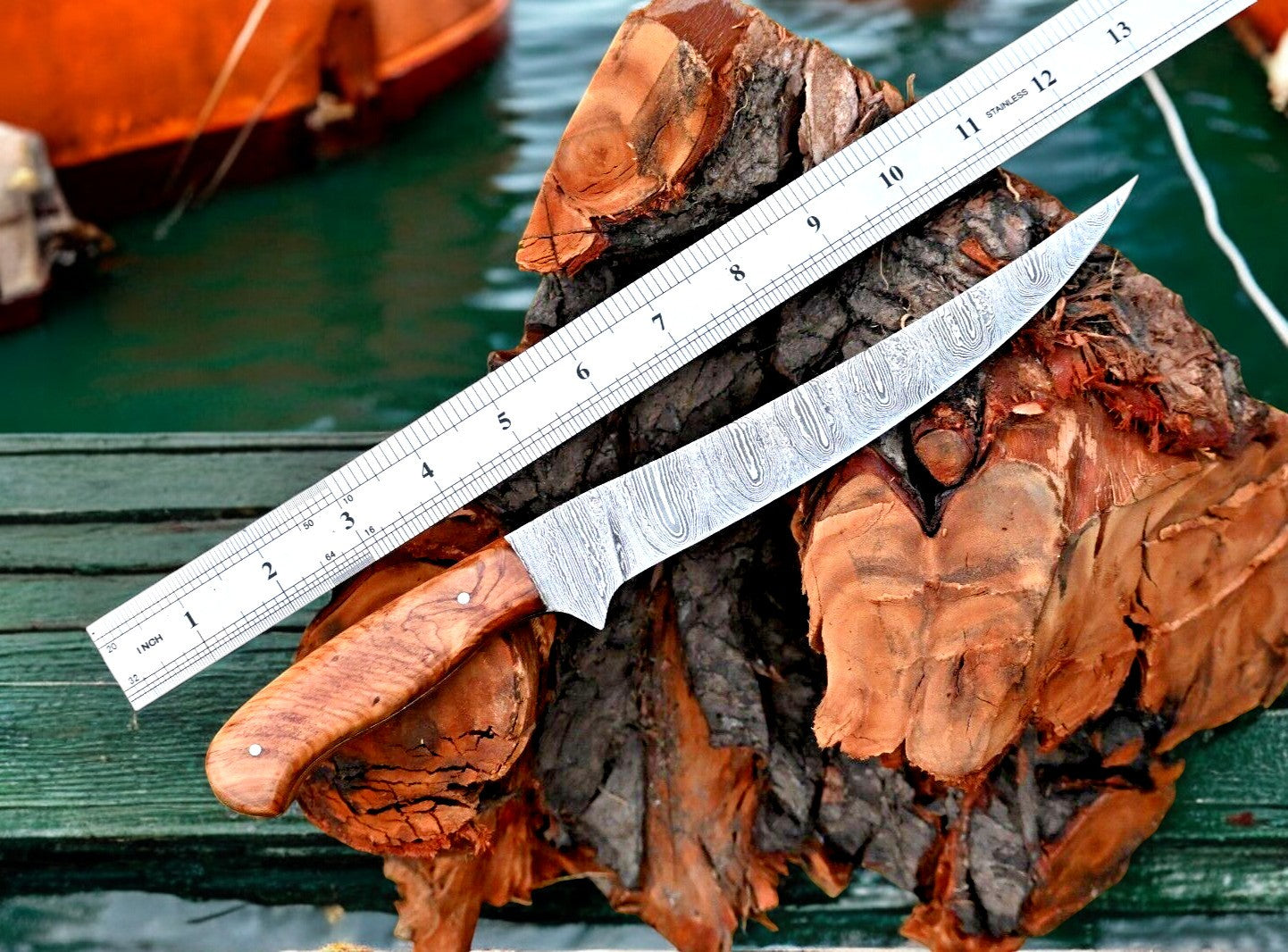 Handmade Damascus Fillet Knife – 12.6" Olivewood Handle
