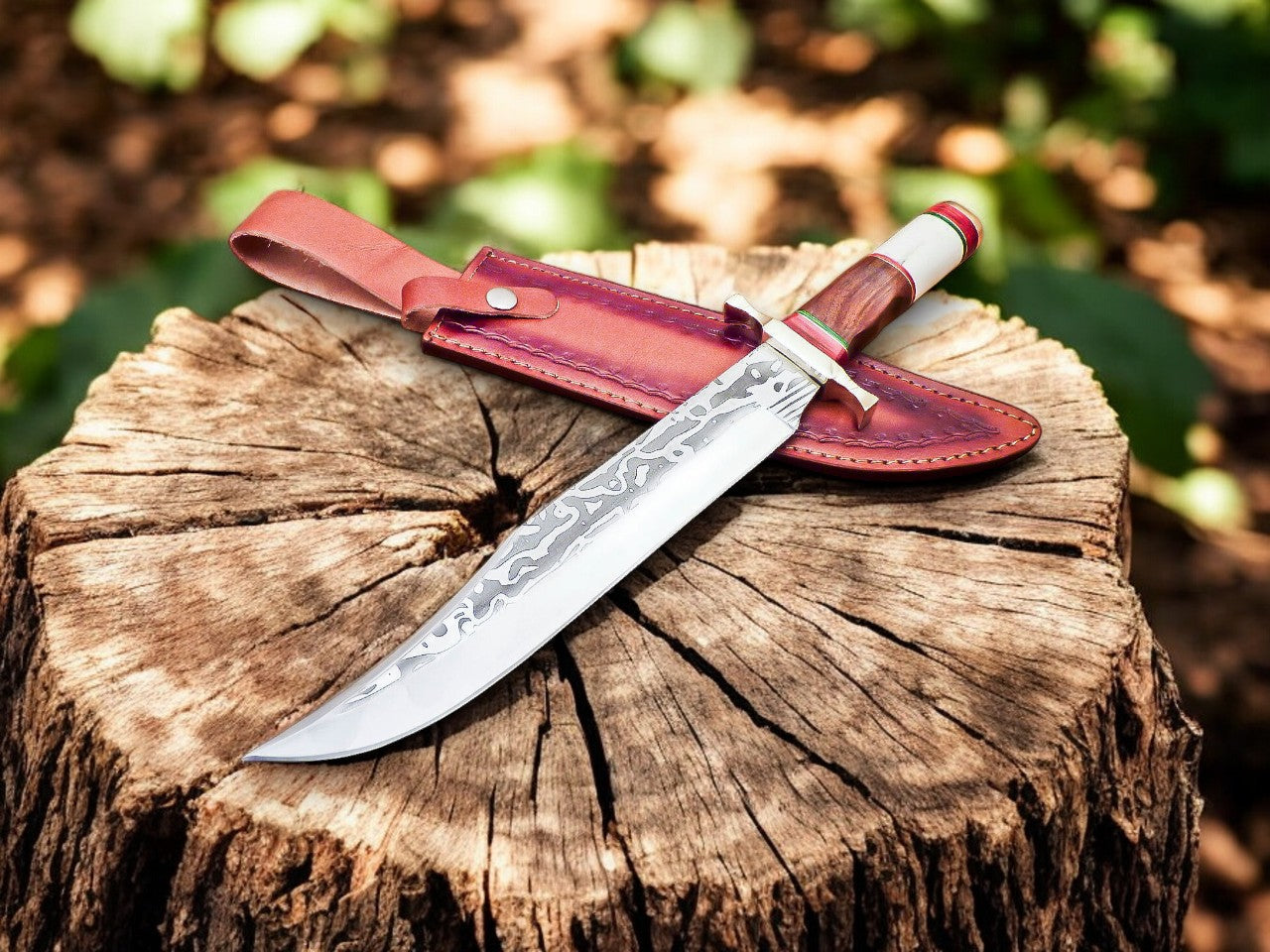 Handmade Damascus Bowie Knife – Bone & Rosewood Handle