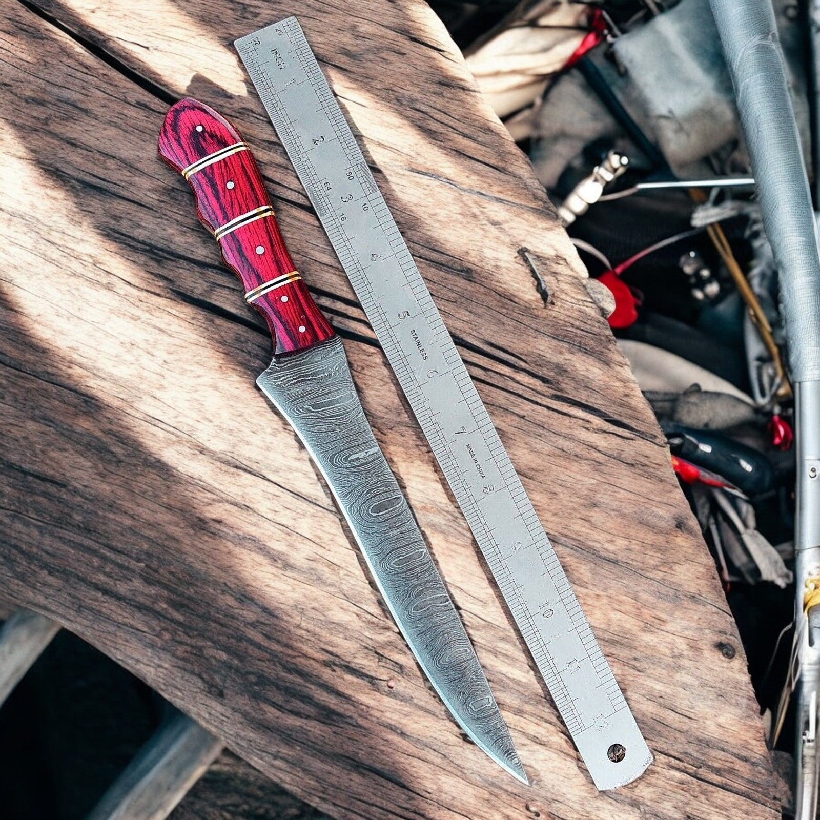 Handmade Damascus Fillet Knife – 12" with Exotic Wood Handle