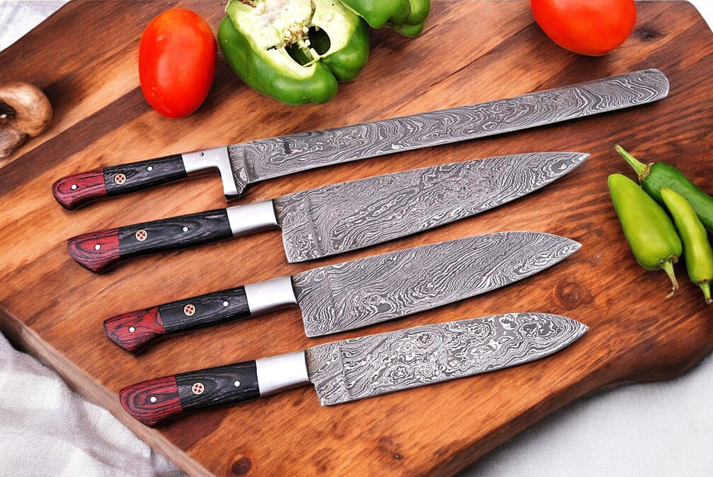 Handmade Damascus Kitchen Knives Set with Exotic Wood Handles