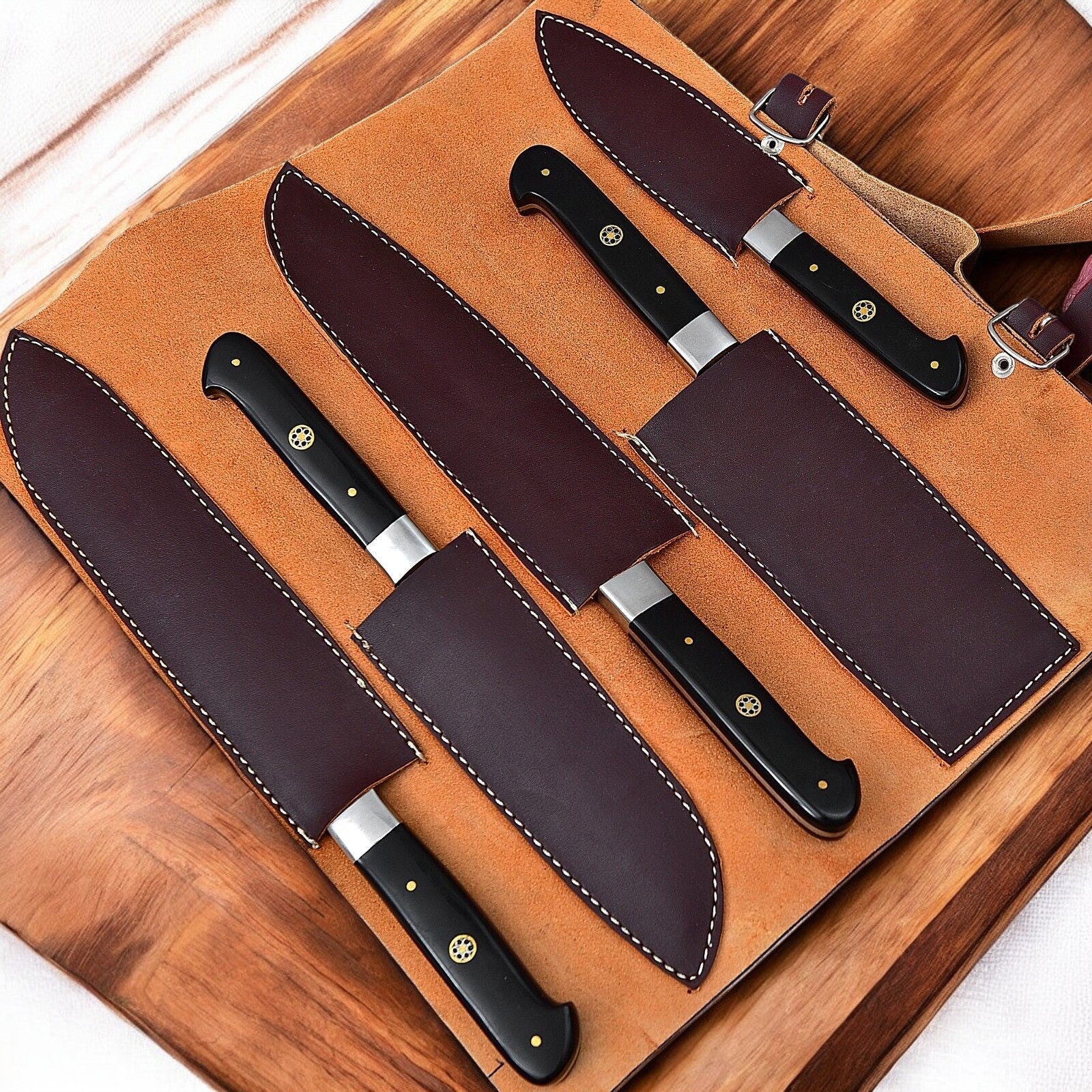 Handmade Damascus Kitchen Knives Set – Buffalo Horn Handle