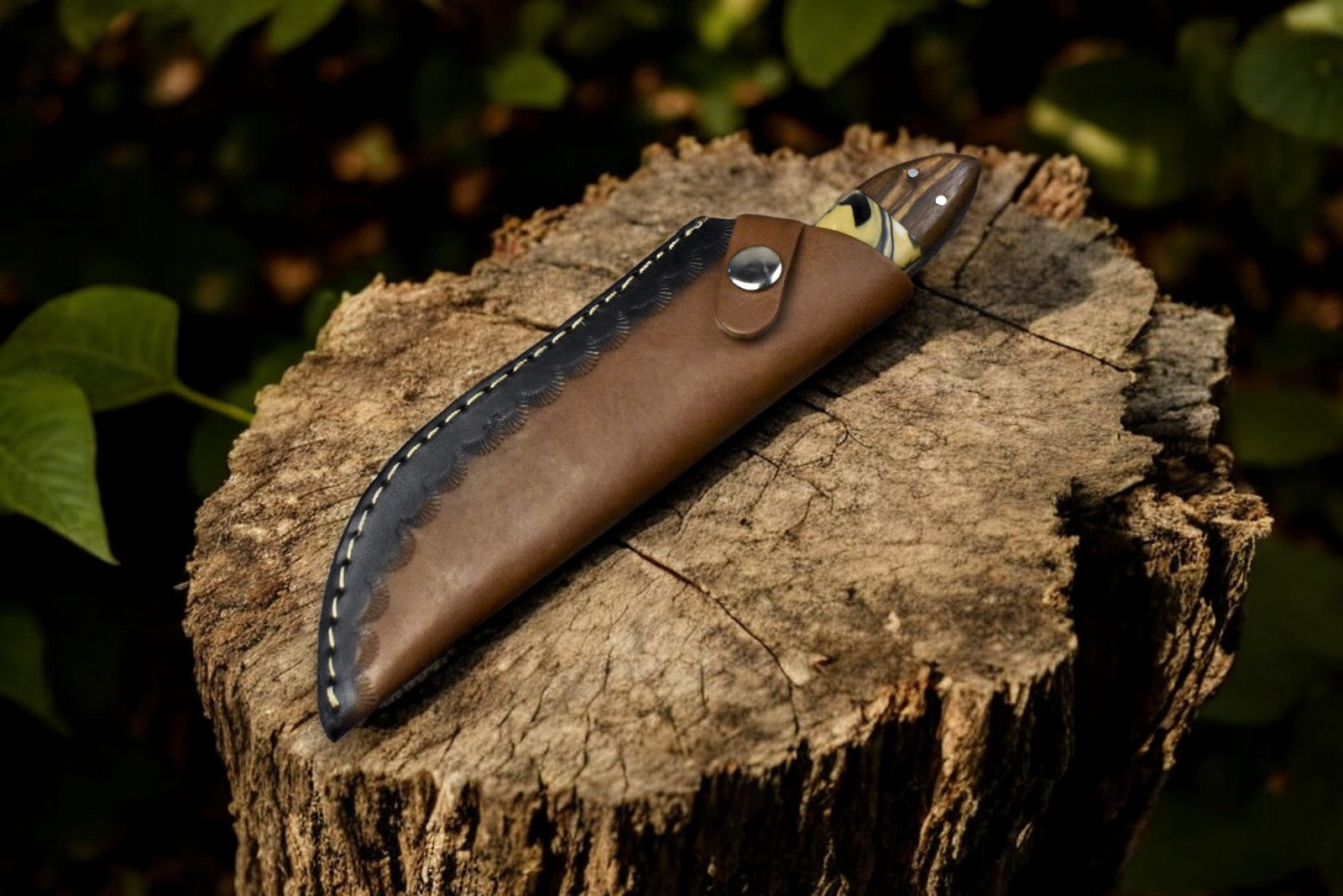 Handmade Damascus Steel Skinning Knife with Leather Sheath