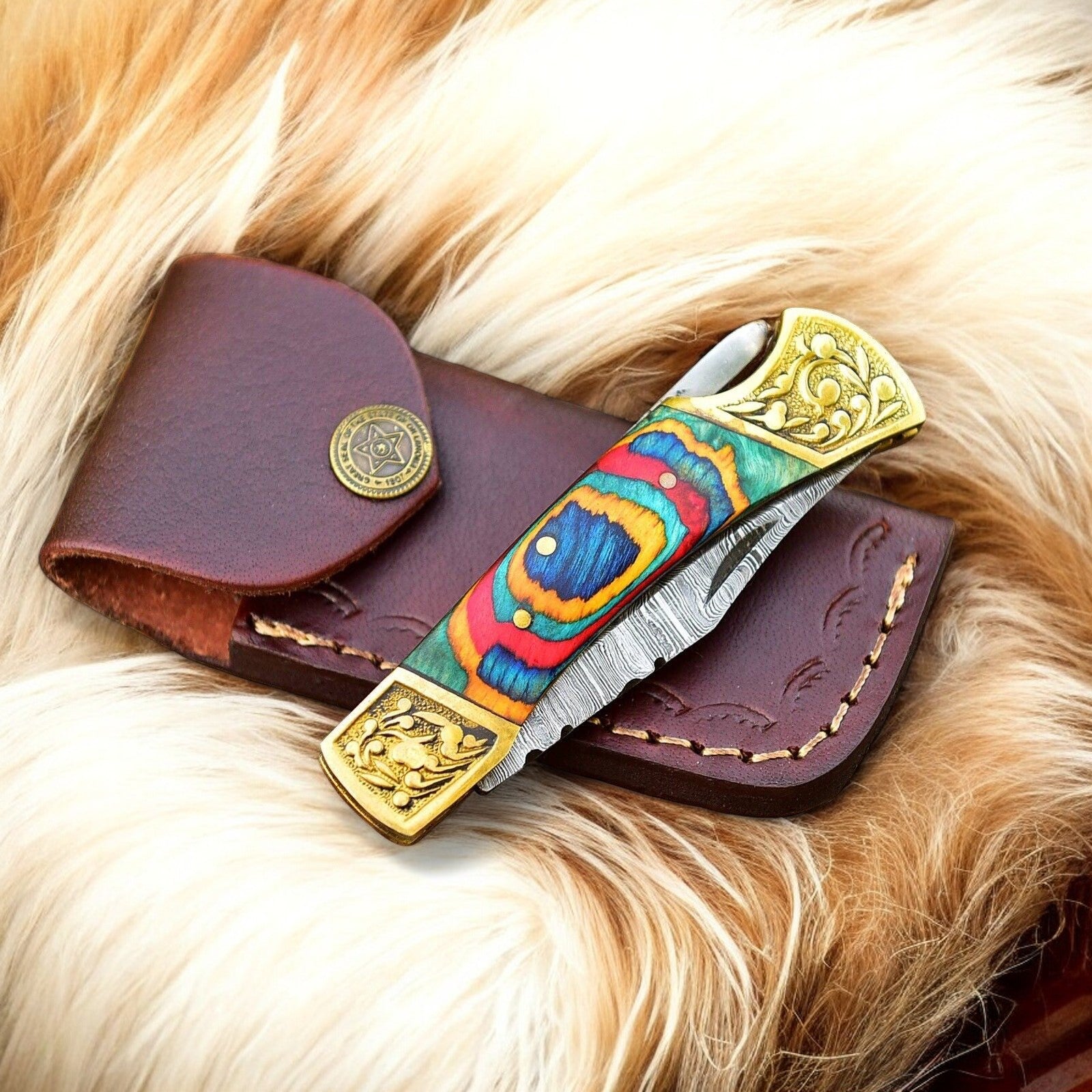 Custom Handmade Damascus Pocket Knife with Multi-Color Wood Handle