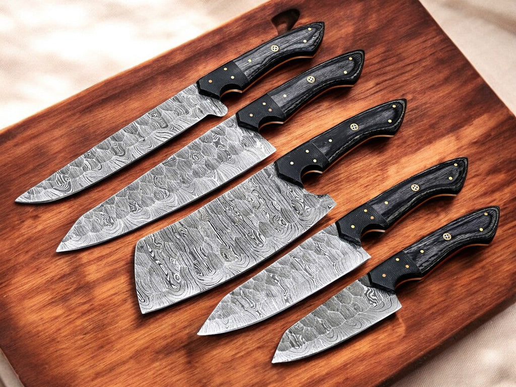 Handmade Damascus Kitchen Knives Set with Exotic Wood
