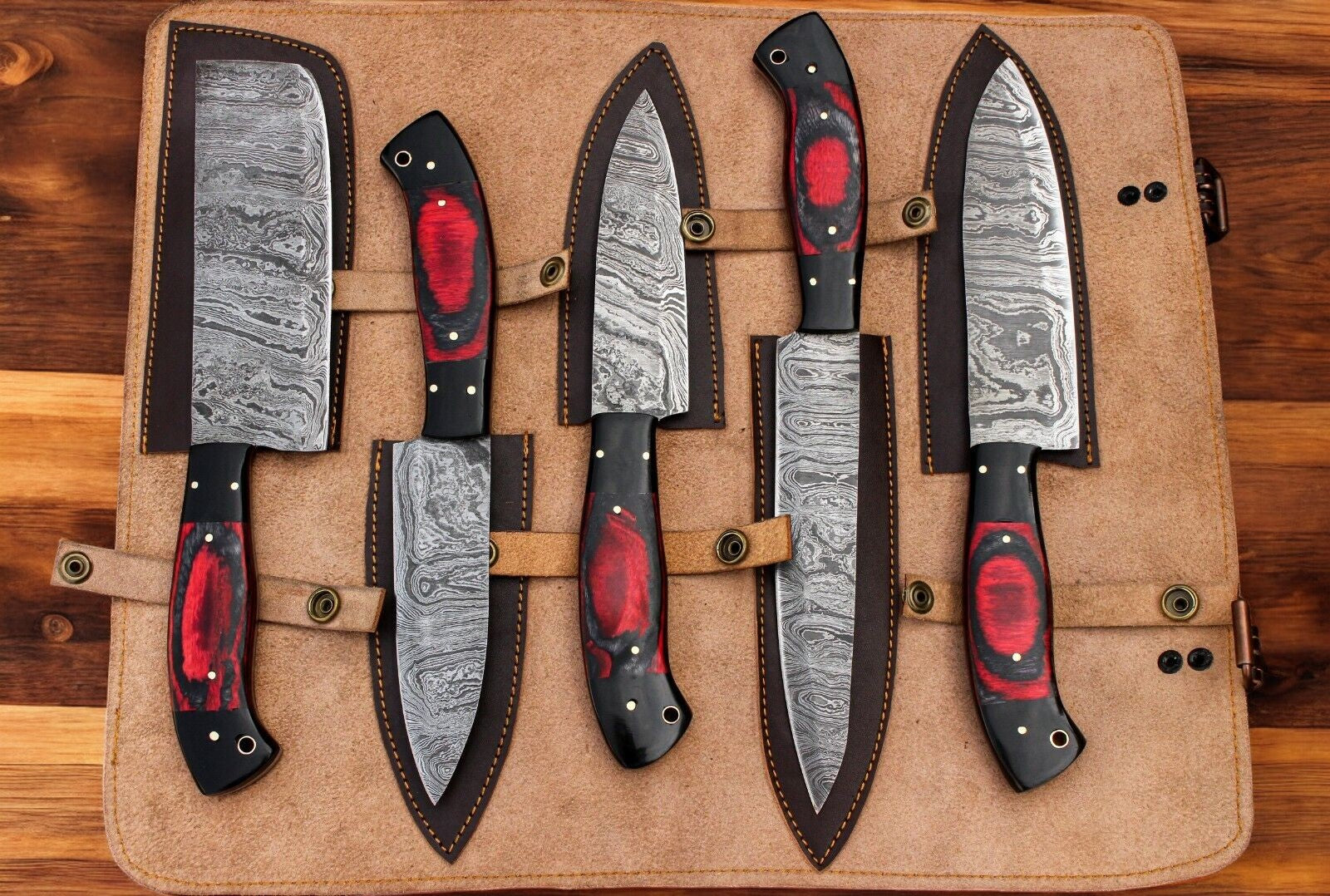 Handmade Damascus Kitchen Knives Set – Exotic Wood & G10