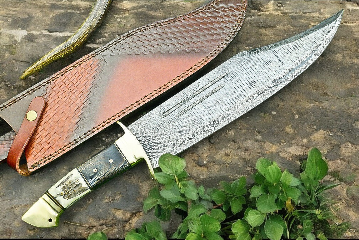 Handmade Damascus Bowie Knife | 16" Antler Horn Handle
