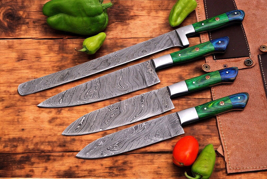 Handmade Damascus Kitchen Knives Set with Leather Roll