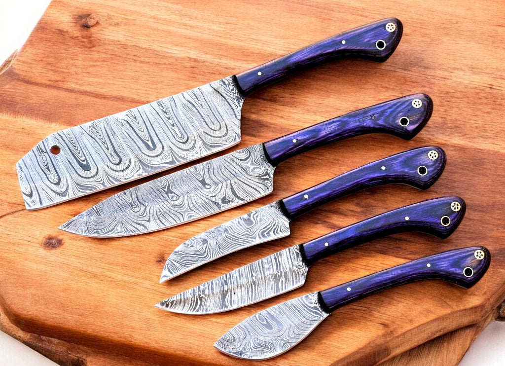 Handmade Damascus Kitchen Knives Set with Exotic Wood Handles