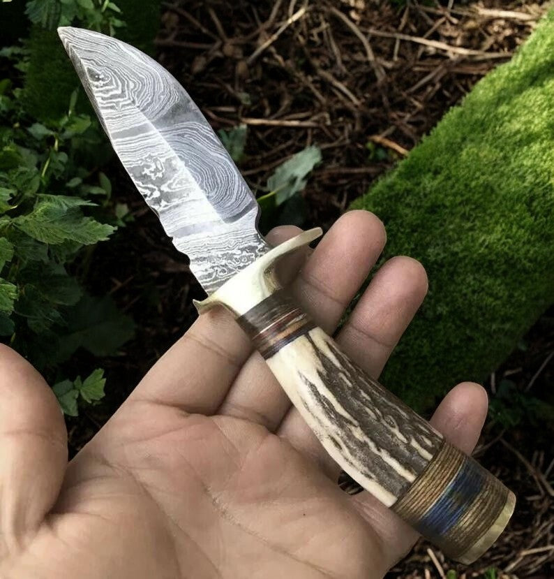 Handmade Damascus Hunting Knife with Antler Bone Handle