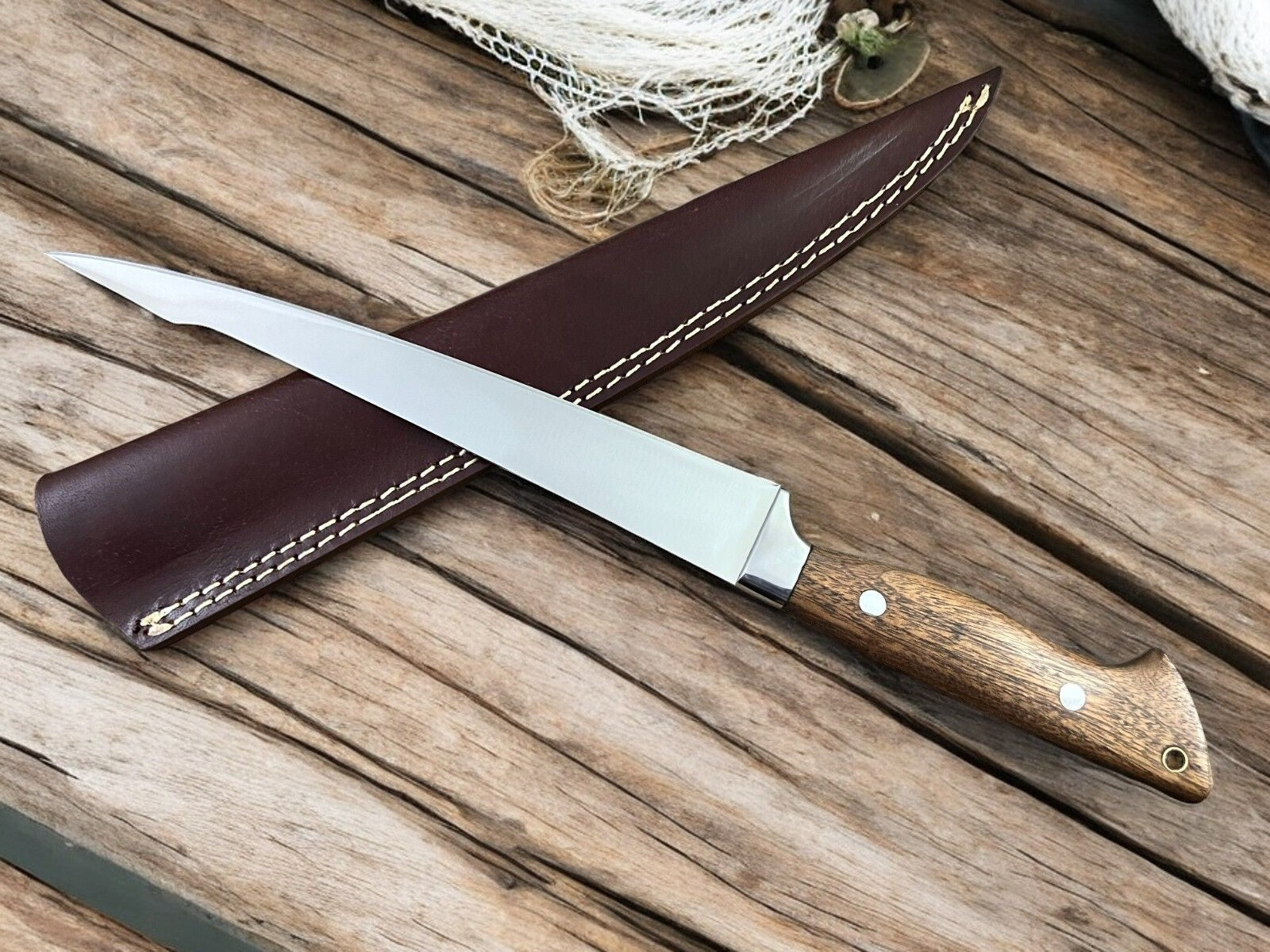 Handmade Fillet Knife with Walnut Wood Handle – 13.6"